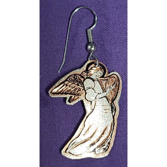 Copper And Silver Tone Angel Playing Harp Dangle Earrings, Lightweight Metal - Picture 3 of 10